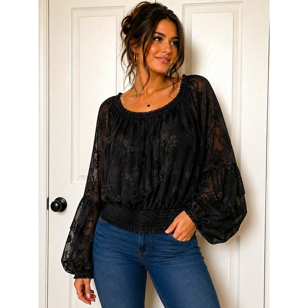 White House Black Market Womens M Silk Blend Floral Smocked Off Shoulder Blouse